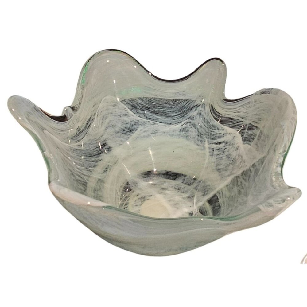 Hand Blown Recycled Glass Bowl Swirled Design Made in Spain Light Blue White